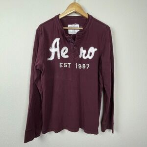 Aeropostale L Maroon Long Sleeve Top Y2K Embroidered Spell Out Cotton